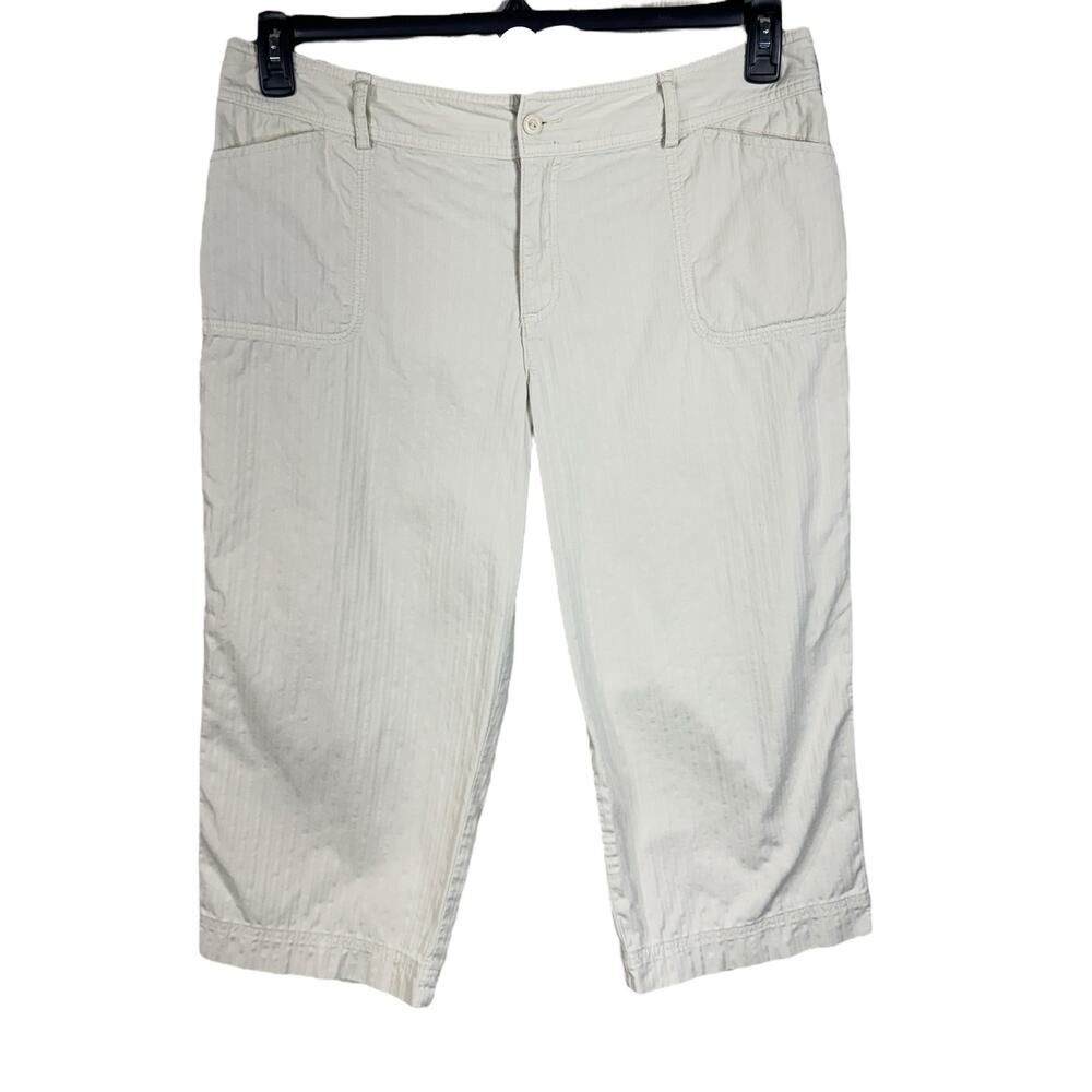 Chico’s SZ 2 (Large) Capris Pants High-Rise Pockets Zip-Fly Beige Womens